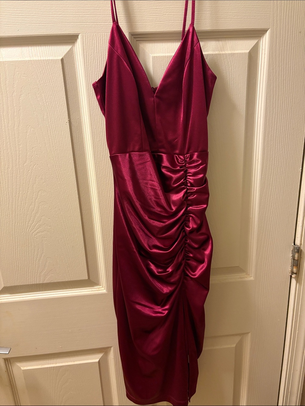 Satin Ruched Midi Dress in Deep Red